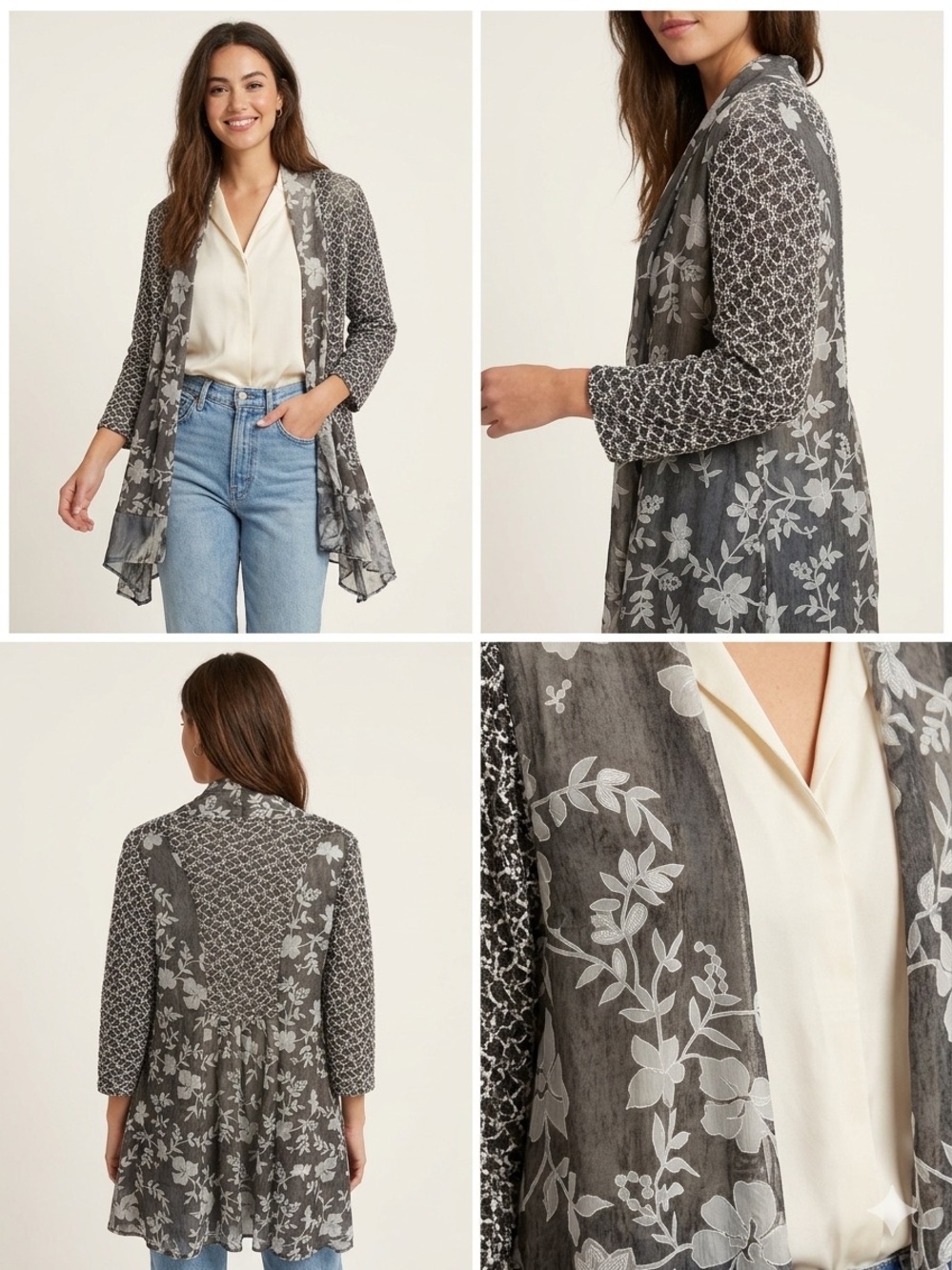 Fleur de Lis Floral Lace Kimono Cardigan Mixed Media Gray Size M